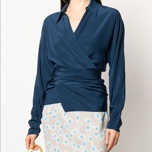 Dorothee Schumacher Navy Blue Silk Wrap Long Sleeve Shirt Blouse Size Small 2